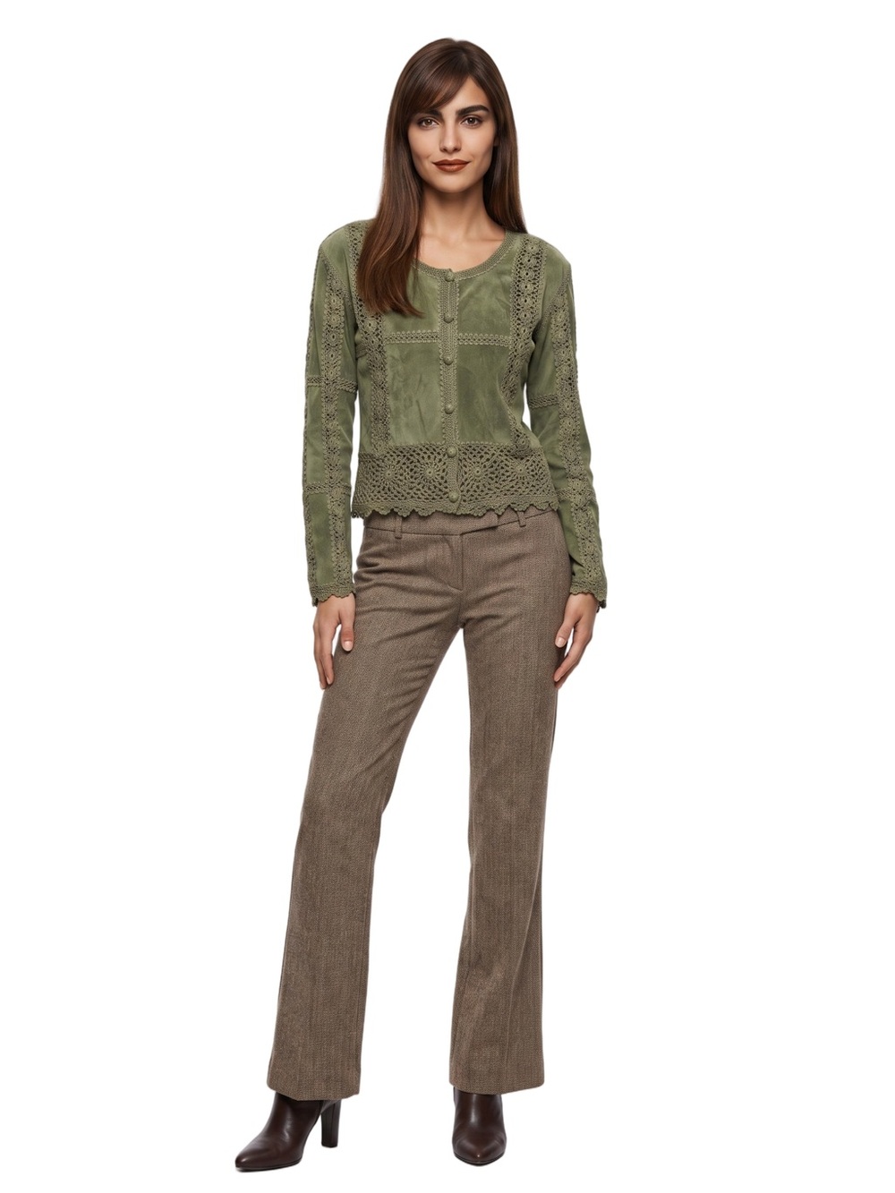 VINTAGE Green Suede Crochet Button front Cardigan Sweater Crew neck Longsleeve - Picture 2 of 13